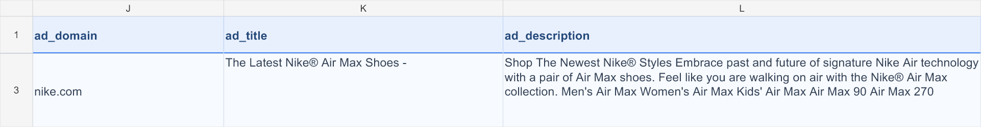 XLSX example showing ad domain, title, and description columns from a Nike export