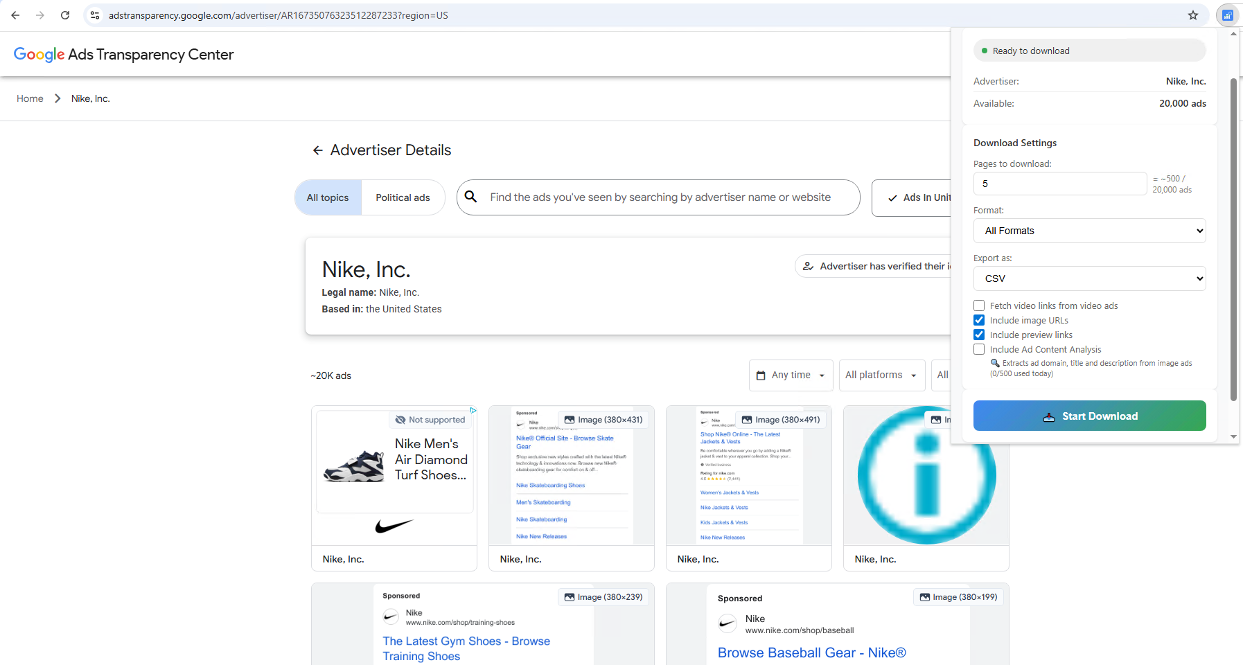 Ads Insight Pro popup showing download settings (pages, format, export as) and Start Download